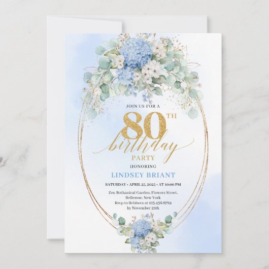 Timeless Blue Hydrangea Gold 80th Birthday Invite 招待状 (正面)
