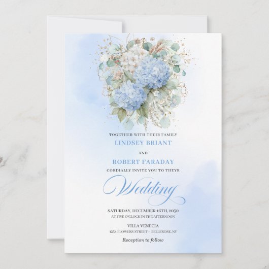 Timeless Blue Hydrangea Gold Floral Wedding Invite 招待状 (正面)