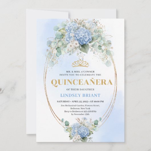 Timeless Blue Hydrangea Quinceañera Gold Invitatio 招待状 (正面)