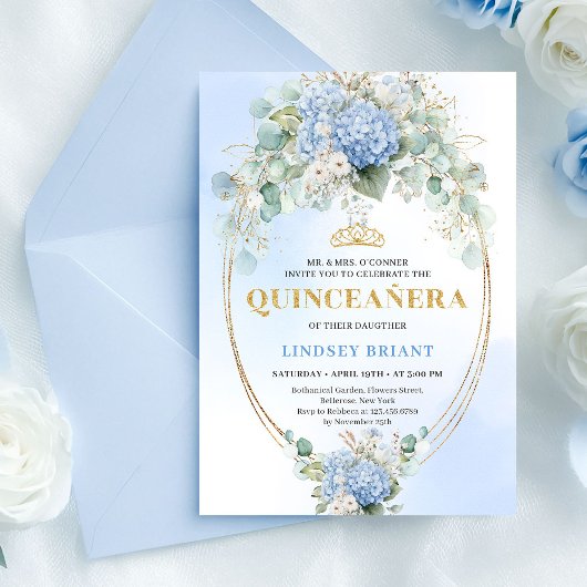 Timeless Blue Hydrangea Quinceañera Gold Invitatio 招待状