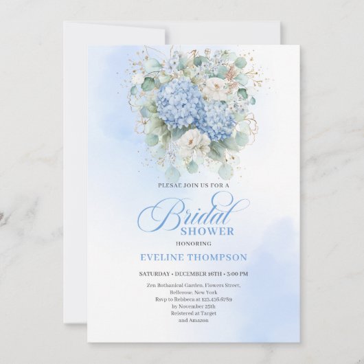 Timeless Blue Hydrangeas Bridal Shower Invitation 招待状 (正面)