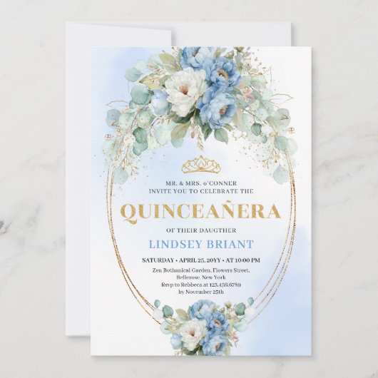Timeless Blue Peonies Eucalyptus Quinceañera Invit 招待状 (正面)
