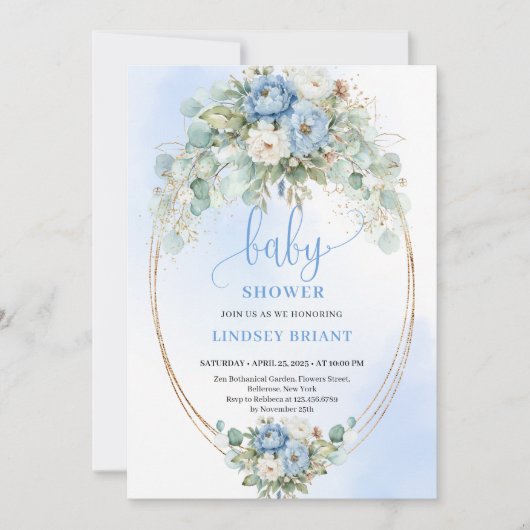 Timeless Blue Peonies Greenery Baby Shower Invite 招待状 (正面)