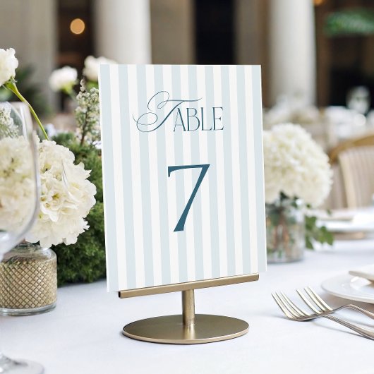 Timeless Blue Stripes Wedding Table Number 7 Sign 招待状