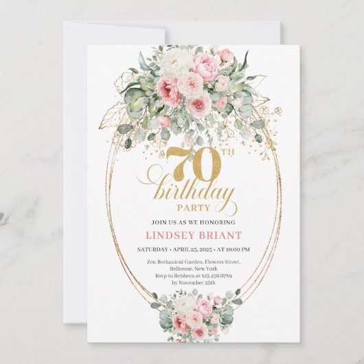 Timeless Blush and Gold 70th Birthday Invitation 招待状 (正面)