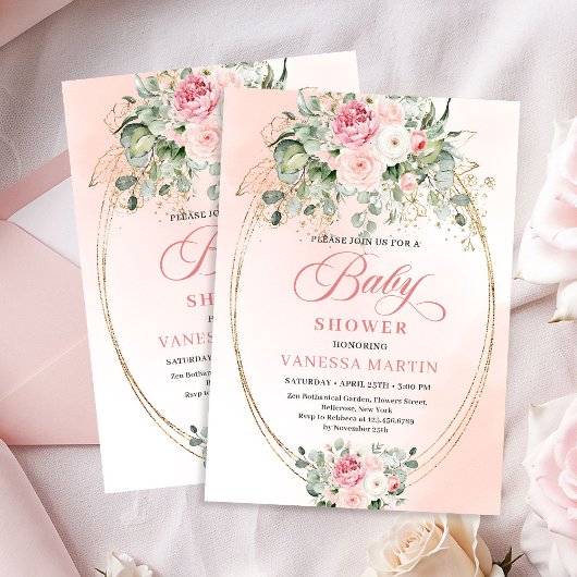 Timeless Blush Floral Gold Girl Baby Shower Invite 招待状
