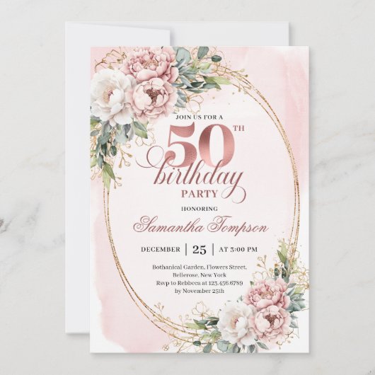 Timeless Blush Flowers Rose Gold 50th Birthday  招待状 (正面)