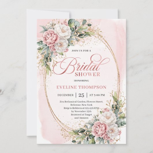 Timeless Blush Pink Floral Eucalyptus Shower 招待状 (正面)