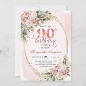 Timeless Blush Pink Gold Greenery 90th Birthday  招待状 (正面)