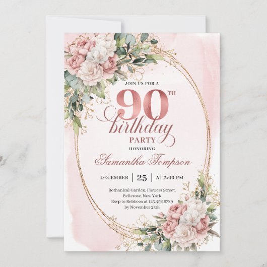 Timeless Blush Pink Gold Greenery 90th Birthday  招待状 (正面)