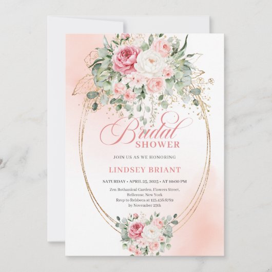 Timeless Blush Pink Roses Bridal Shower Invitation 招待状 (正面)