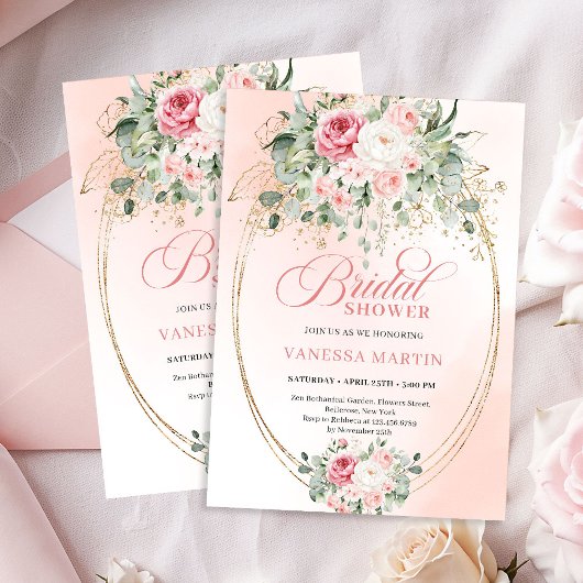 Timeless Blush Pink Roses Bridal Shower Invitation 招待状