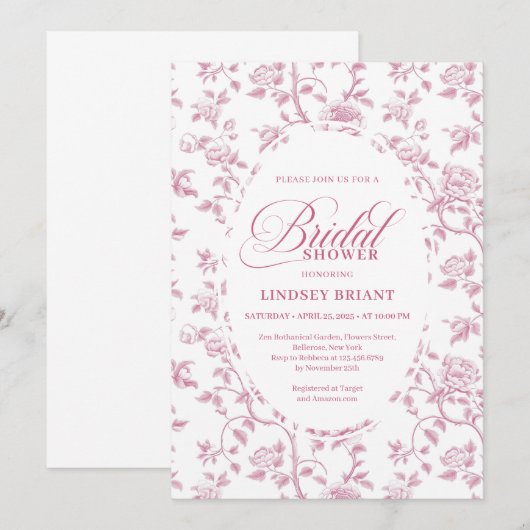 Timeless Blush Pink Toile Roses Pattern Bridal Sho 招待状 (正面/裏面)