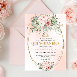 Timeless Blush Roses Eucalyptus Quinceañera Invite 招待状
