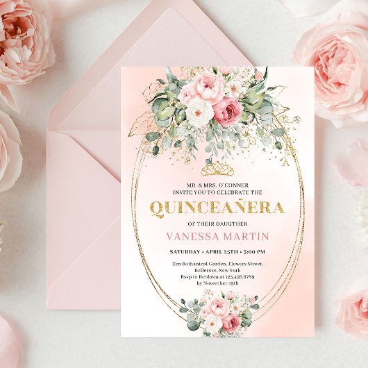 Timeless Blush Roses Eucalyptus Quinceañera Invite 招待状