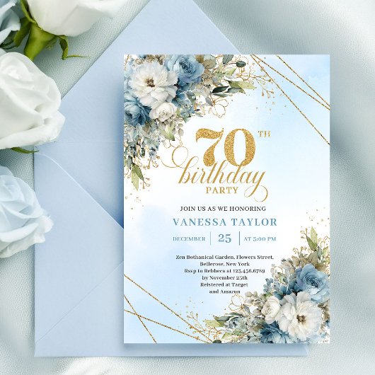 Timeless bohemian blue florals gold 70th birthday  招待状