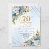 Timeless bohemian blue florals gold 70th birthday  招待状 (正面)