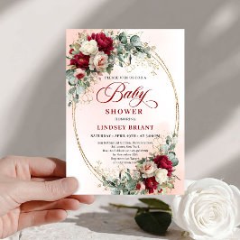 Timeless Bohemian Burgundy Floral Gold Baby Shower 招待状