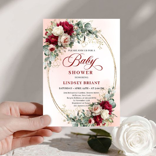 Timeless Bohemian Burgundy Floral Gold Baby Shower 招待状