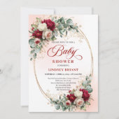 Timeless Bohemian Burgundy Floral Gold Baby Shower 招待状 (正面)