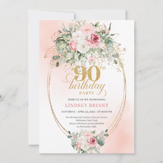 Timeless Boho Blush Rose Boho 90th Birthday Party 招待状 (正面)