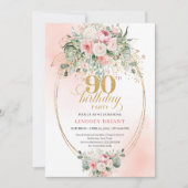 Timeless Boho Blush Roses Gold 90th Birthday 招待状 (正面)
