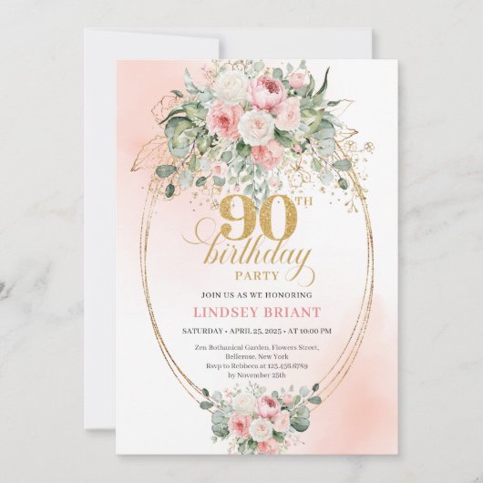 Timeless Boho Blush Roses Gold 90th Birthday 招待状 (正面)