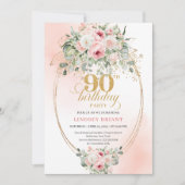 Timeless Boho Blush Roses Gold 90th Birthday Invit 招待状 (正面)