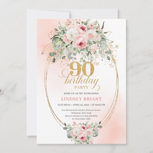 Timeless Boho Blush Roses Gold 90th Birthday Invit 招待状 (正面)
