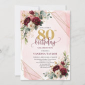 Timeless Boho Burgundy Gold Roses 80th Birthday 招待状 (正面)