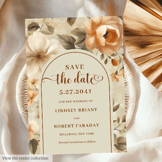 Timeless Boho Copper Beige Floral Save The Date 招待状