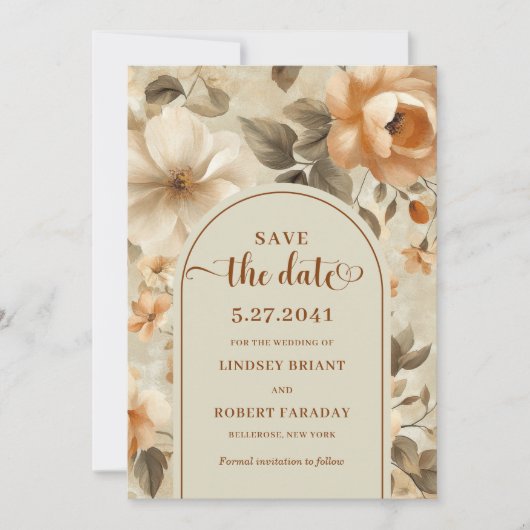 Timeless Boho Copper Beige Floral Save The Date 招待状 (正面)