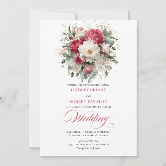 Timeless Boho Crimson Red Blush Gold Wedding Invit 招待状 (正面)