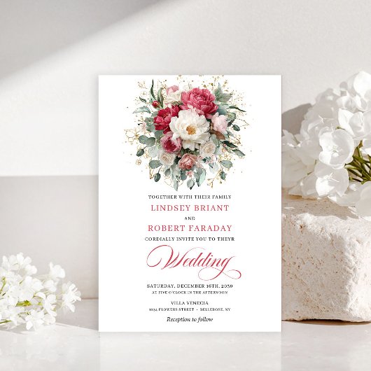 Timeless Boho Crimson Red Blush Gold Wedding Invit 招待状