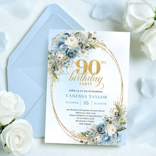 Timeless Boho Dusty Blue Floral Greenery 90th Bday 招待状
