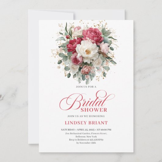 Timeless Boho Ruby Red Blush Gold Bridal Shower 招待状 (正面)