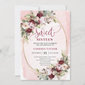 Timeless Burgundy Blush Floral Sweet 16 Invite 招待状 (正面)