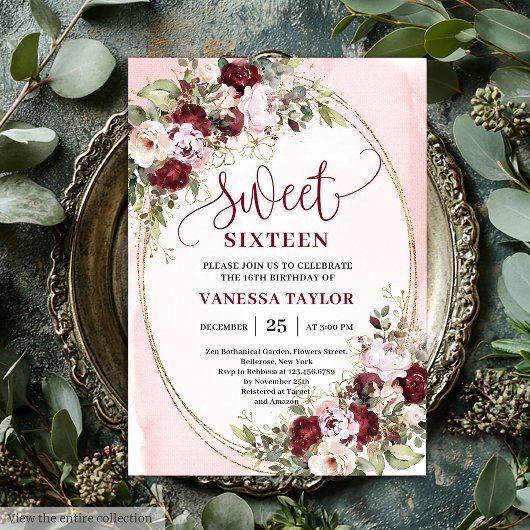 Timeless Burgundy Blush Floral Sweet 16 Invite 招待状