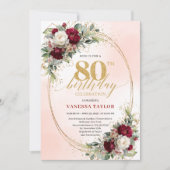 Timeless Burgundy Boho Floral 80th Birthday Invite 招待状 (正面)