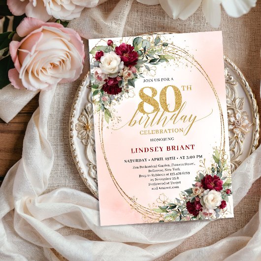 Timeless Burgundy Boho Floral 80th Birthday Invite 招待状