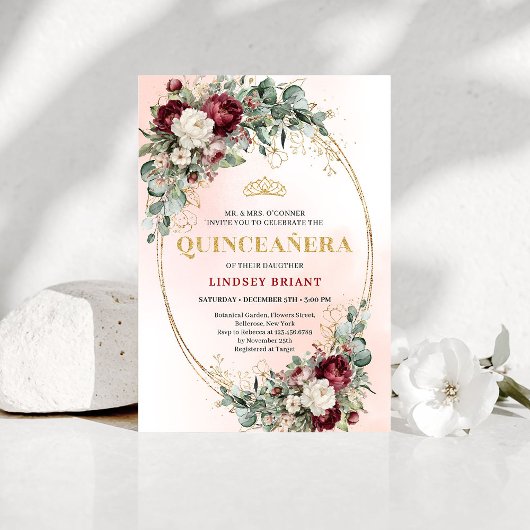 Timeless Burgundy Floral Quinceañera Invitation 招待状