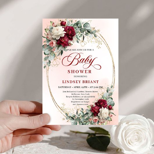 Timeless Burgundy Gold Floral Baby Shower Invite 招待状