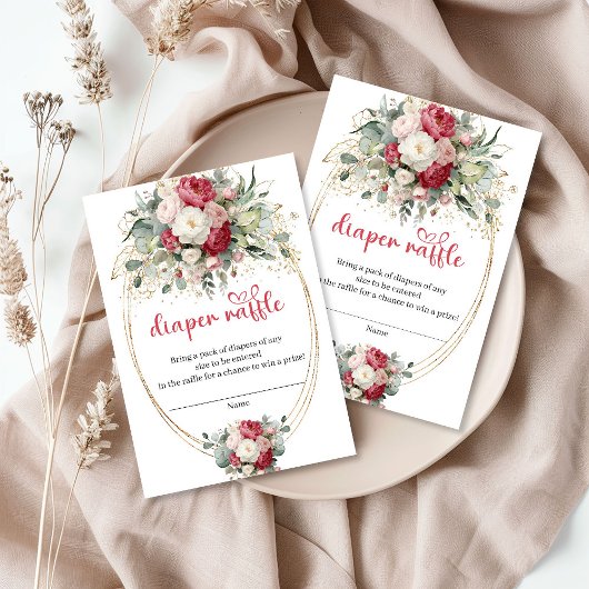 Timeless Burgundy Gold Floral Diaper Raffle エンクロージャーカード