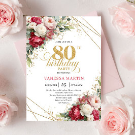 Timeless Burgundy Red Gold 80th Birthday Invite 招待状