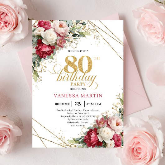 Timeless Burgundy Red Gold 80th Birthday Invite 招待状
