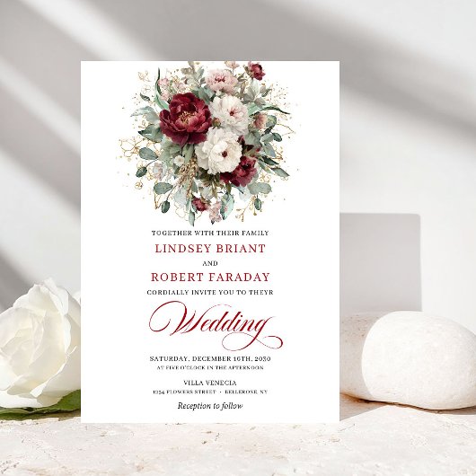 Timeless Burgundy White Floral Gold Wedding Invite 招待状