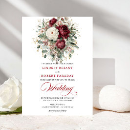 Timeless Burgundy White Floral Gold Wedding Invite 招待状