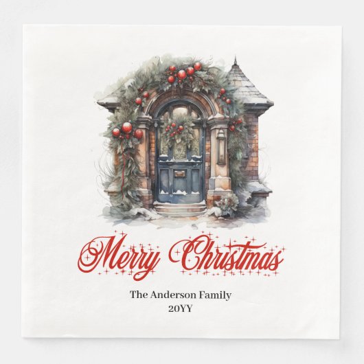 Timeless Christmas scene napkin red green artwork (正面)