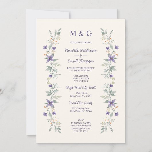 Timeless Classic Purple Flowers Branches Wedding 招待状 (正面)