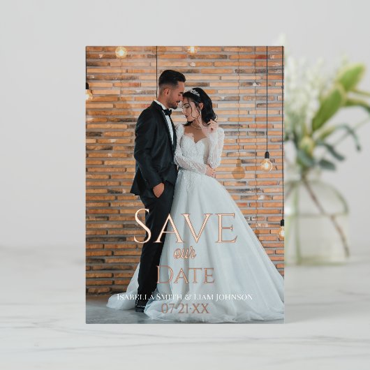 Timeless Copper Type結婚の写真救Our Date 箔招待状 (立ち正面)